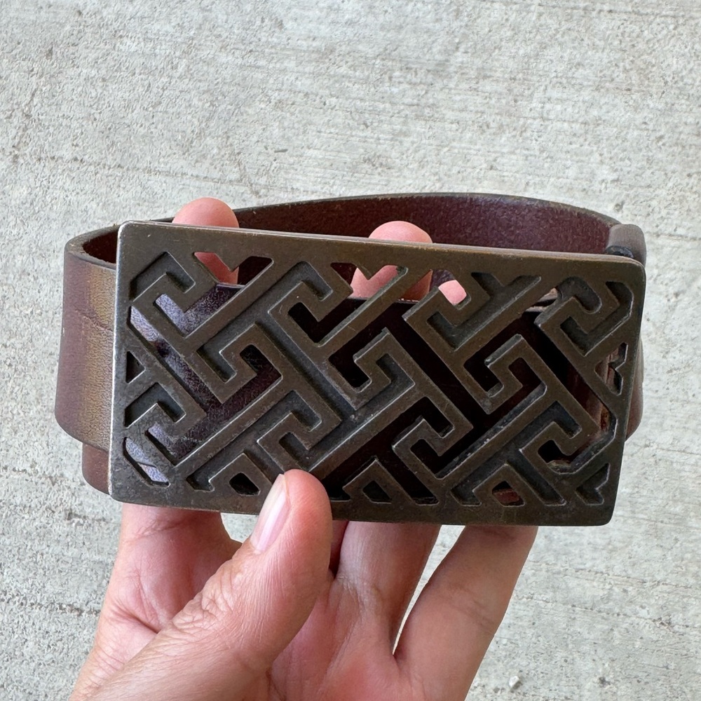 Vintage Brown Italian Top Grain Leather Boho Belt with Geometric Pattern Buckle